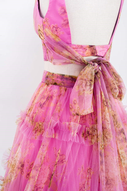 Pink Two-Piece Ruffled Floral Long Prom Dress