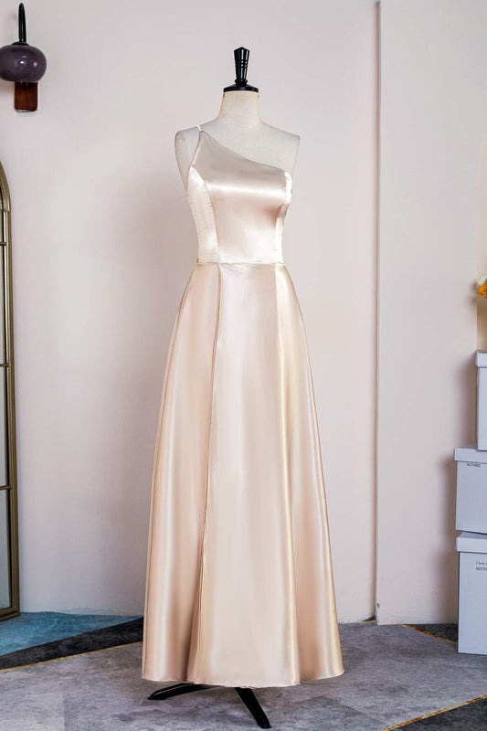 Champagne One Shoulder A-line Satin Knee-Length Bridesmaid Dress