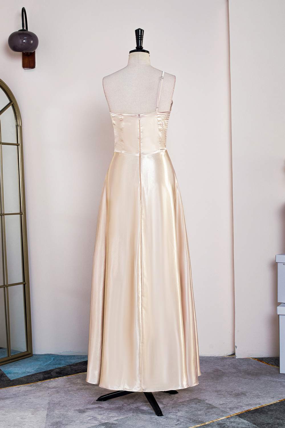 Champagne One Shoulder A-line Satin Knee-Length Bridesmaid Dress