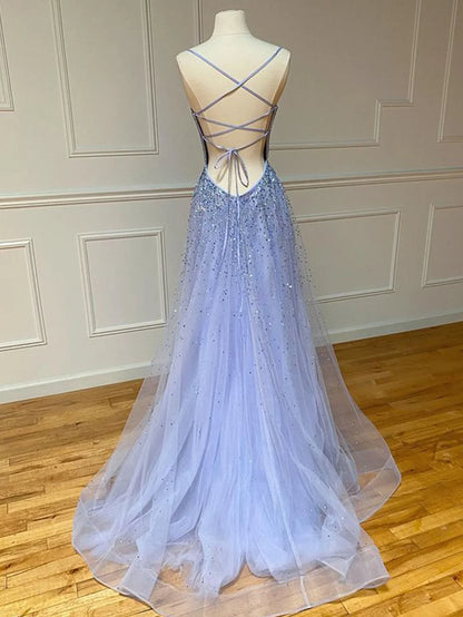 Lilac Glitter Beading Tulle Long Prom Dress Evening Dress SH1690