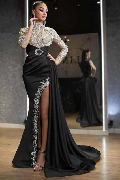 Royal Blue Long Sleeves Split Beadings Mermaid Prom Dress With Ruffles