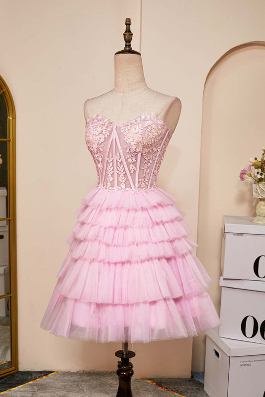 Pink A-line Strapless Appliques Multi-Layers Homecoming Dress
