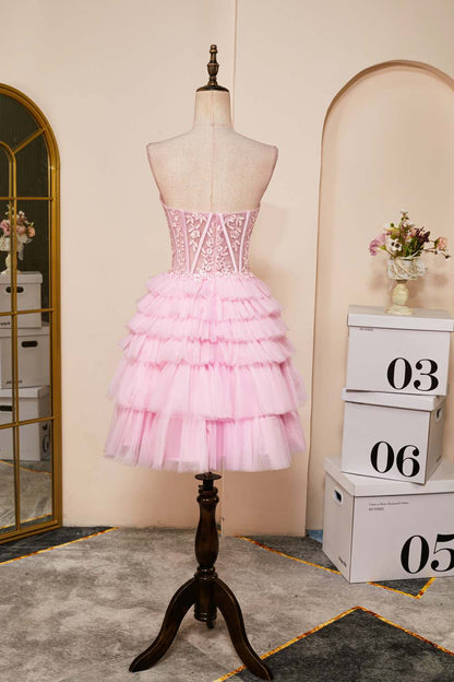 Pink A-line Strapless Appliques Multi-Layers Homecoming Dress