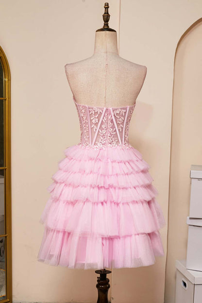 Pink A-line Strapless Appliques Multi-Layers Homecoming Dress