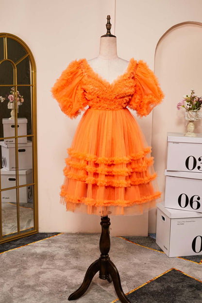 Orange Ruffled V Neck Puff Sleeves A-line Homecoming Dress