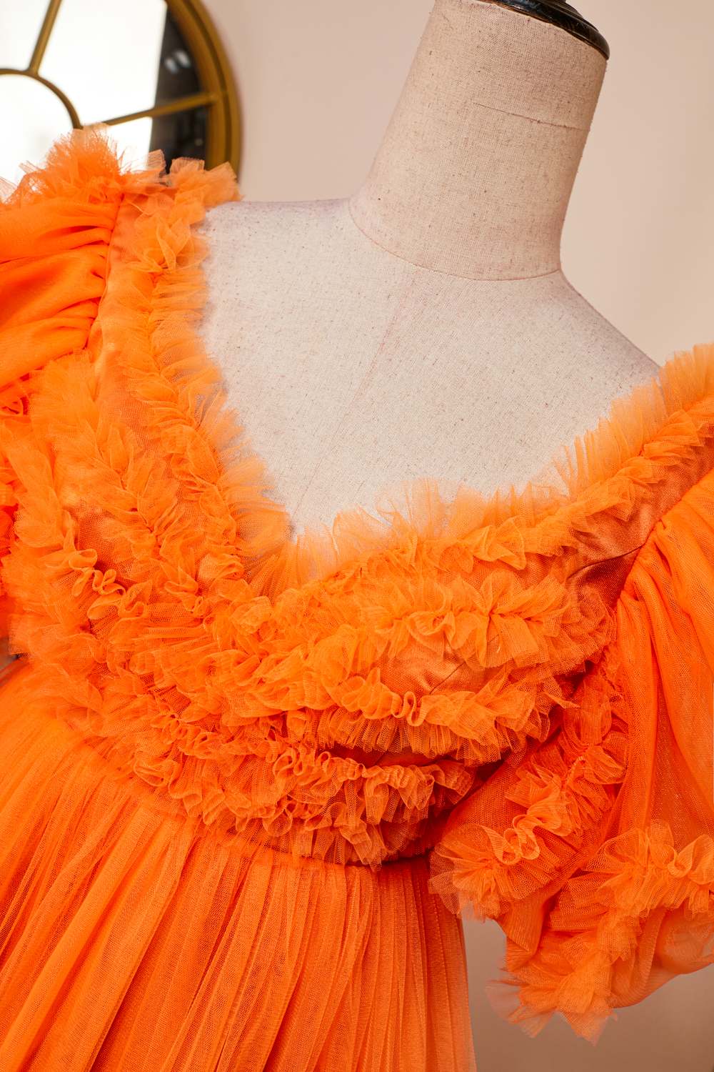 Orange Ruffled V Neck Puff Sleeves A-line Homecoming Dress
