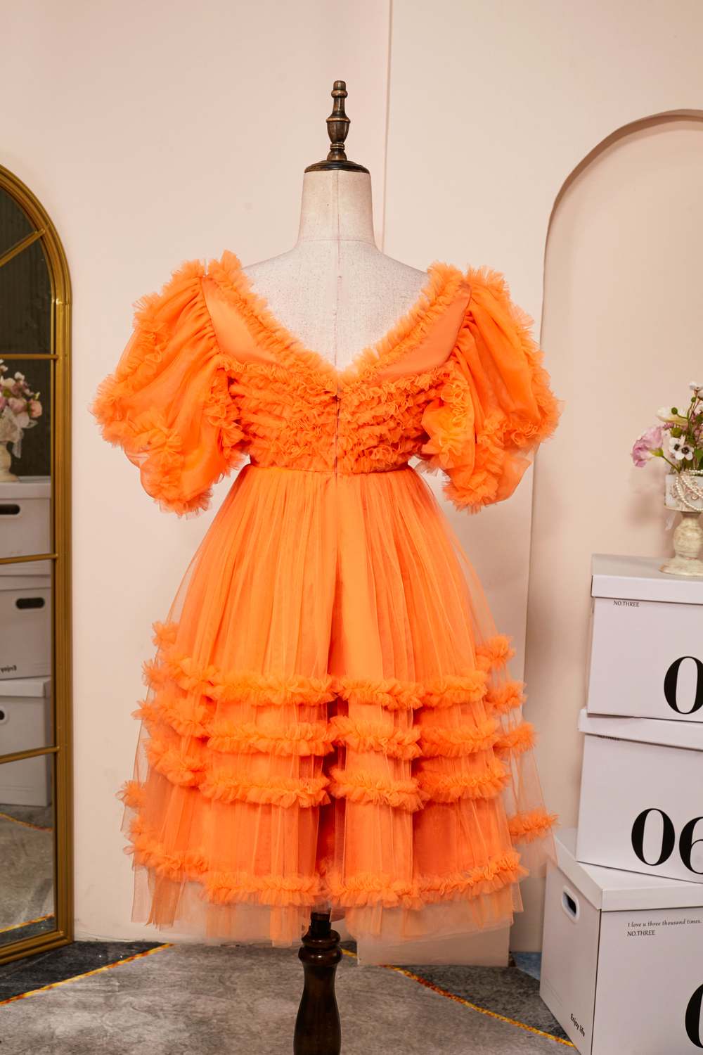 Orange Ruffled V Neck Puff Sleeves A-line Homecoming Dress