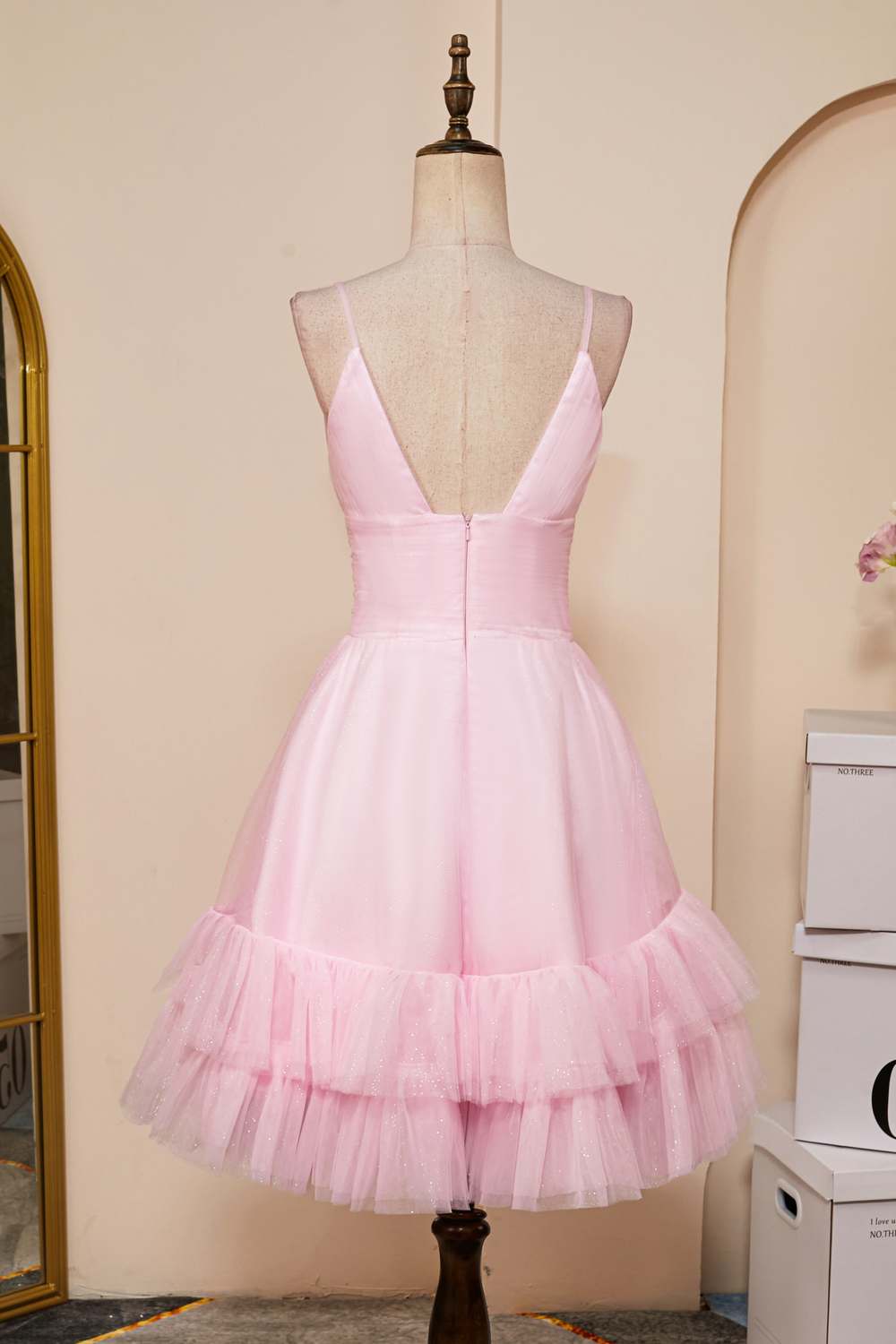 Pink Plunging V Neck Multi-Layers A-line Straps Homecoming Dress