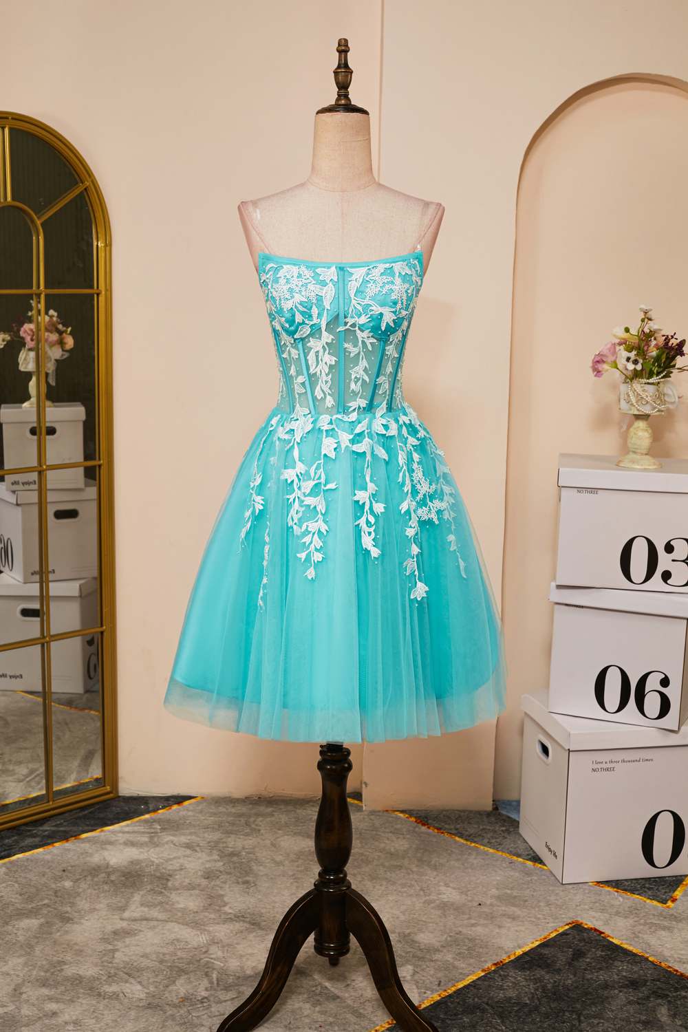 Sky Blue Appliques Strapless A-line Homecoming Dress