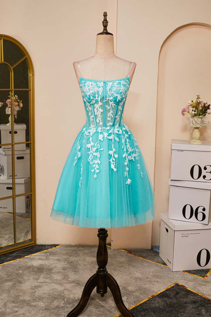 Sky Blue Appliques Strapless A-line Homecoming Dress
