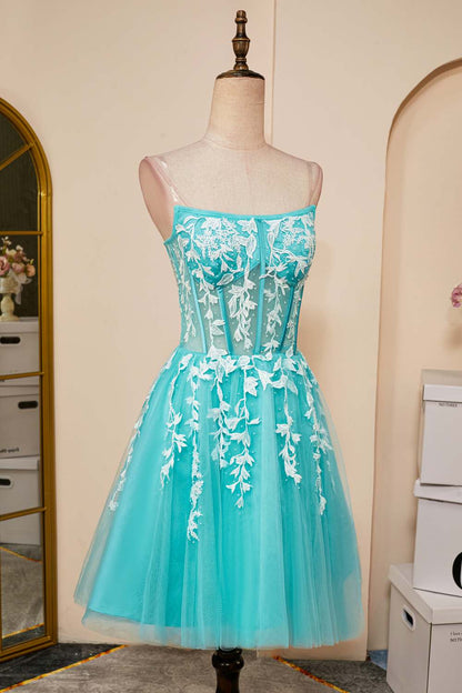Sky Blue Appliques Strapless A-line Homecoming Dress