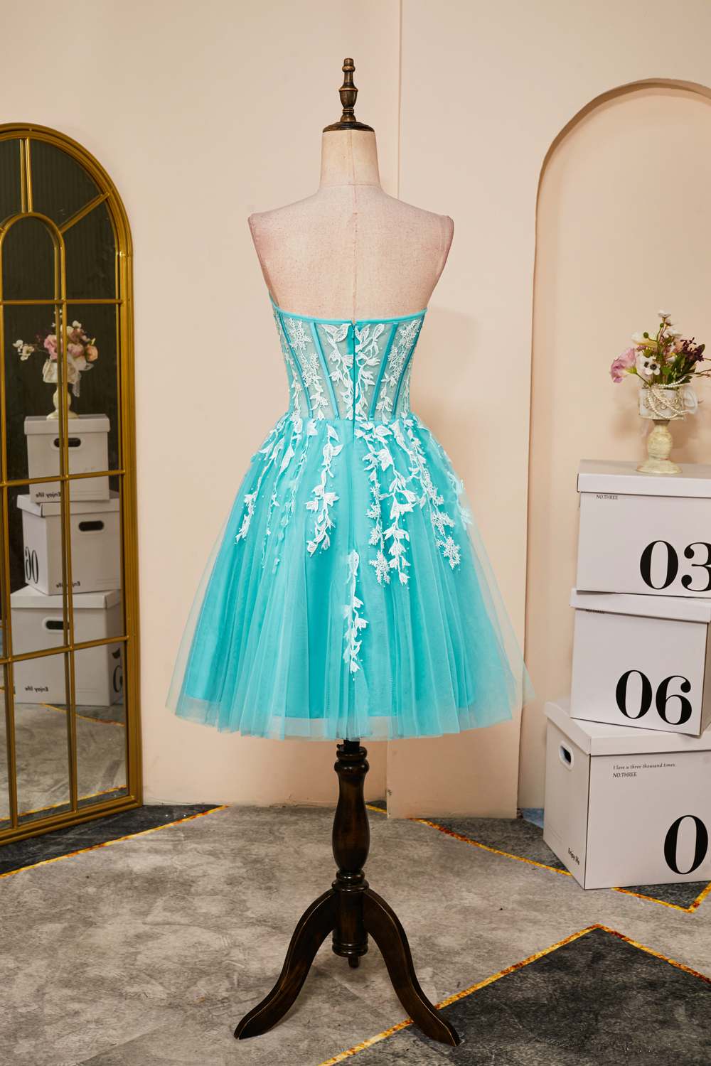 Sky Blue Appliques Strapless A-line Homecoming Dress