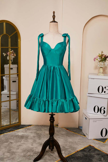 Rose Pink A-line Bow Tie Straps Ruffled Satin Homecoming Dress