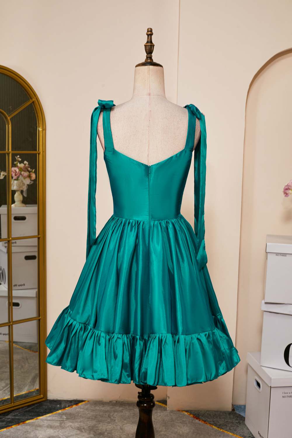Rose Pink A-line Bow Tie Straps Ruffled Satin Homecoming Dress