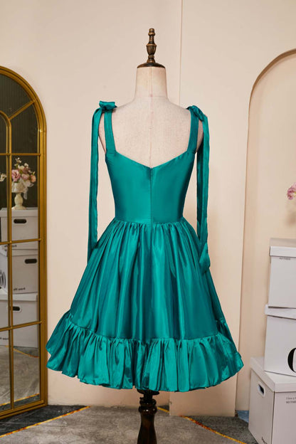 Rose Pink A-line Bow Tie Straps Ruffled Satin Homecoming Dress