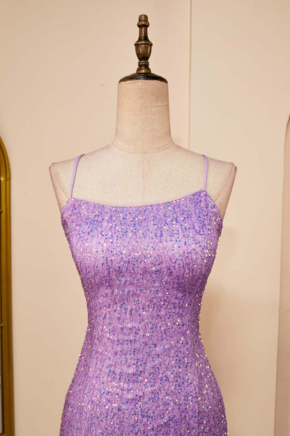 Lavender Sequins Sheath Lace-Up Homecoming Dress