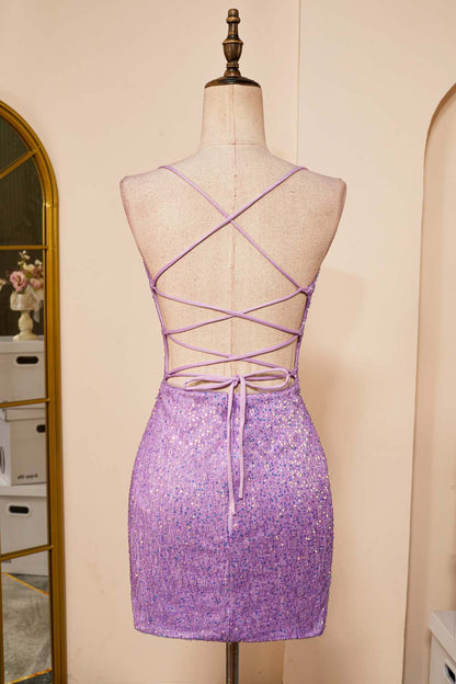 Lavender Sequins Sheath Lace-Up Homecoming Dress