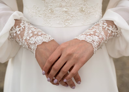 Ivory lace wedding dress, long-sleeve button back long train gown lace & chiffon Wedding Dresses     fg6636