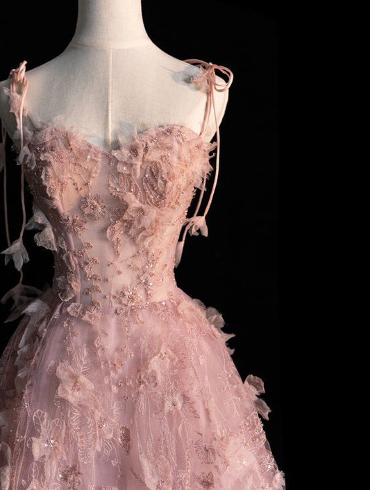 A line Spaghetti Straps Pink Tulle Prom Dresses for Teens       fg6964