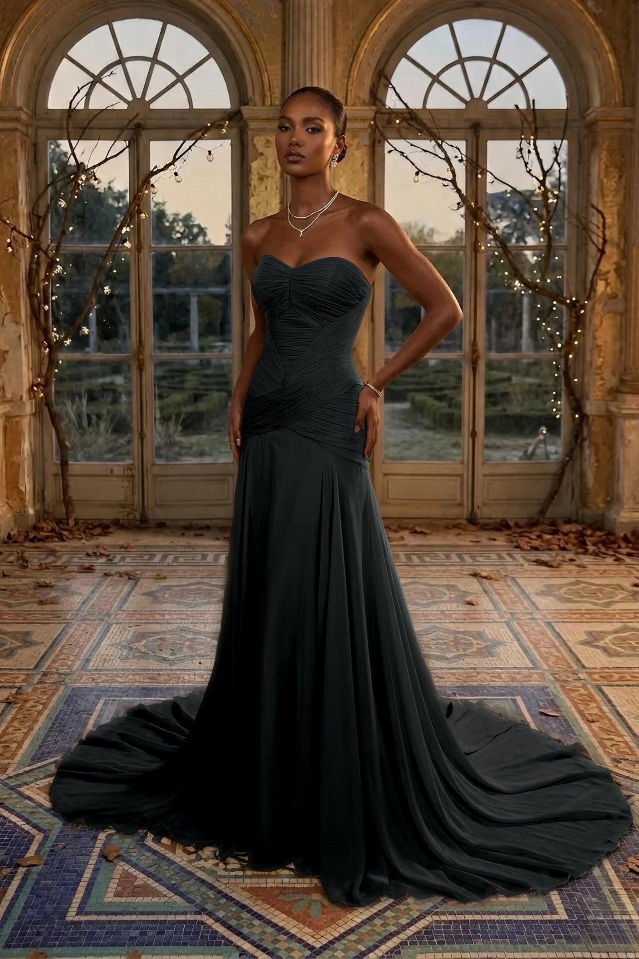 Elegant Dusty Sage Sweetheart Evening Dress in Chiffon with Pleated