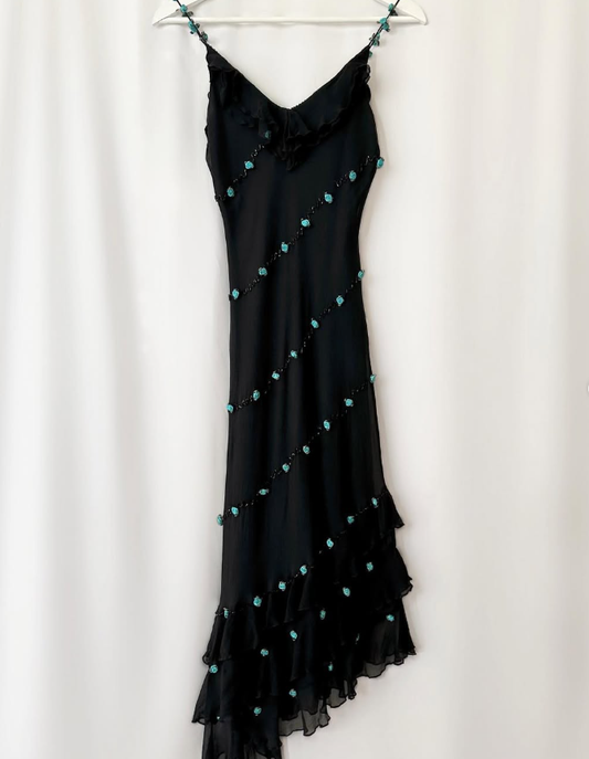 Vintage Blue Floral Black Beaded Ruffles Chiffon Prom Dress Evening Party Gowns SH3537