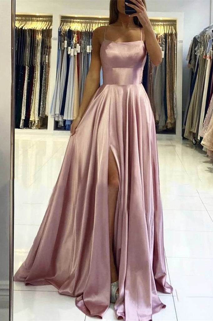 Pink Prom Dress With Slit Spaghetti-Straps