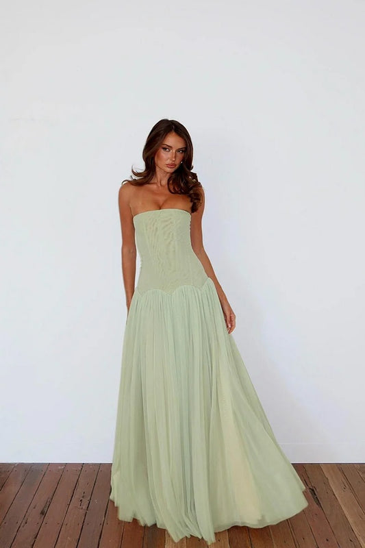 Charming Straight Across Sleeveless Pleated Tulle Evening Dress