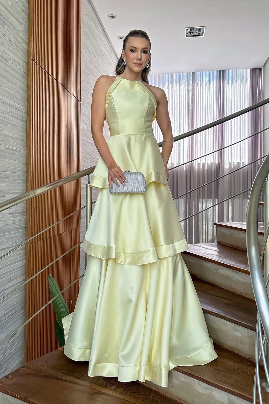 Stunning Satin Halter A Line Sleeveless Long Prom Dress with Ruffles