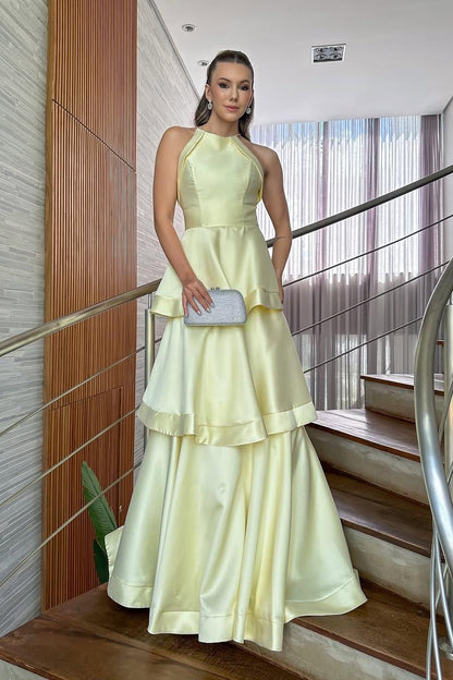 Stunning Satin Halter A Line Sleeveless Long Prom Dress with Ruffles