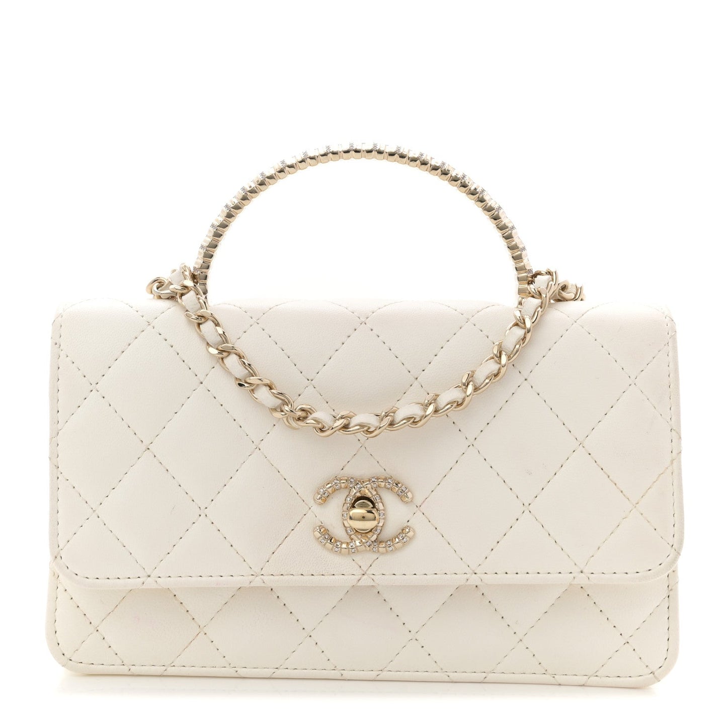 Lambskin Quilted Crystal Top Handle Rectangular Flap White