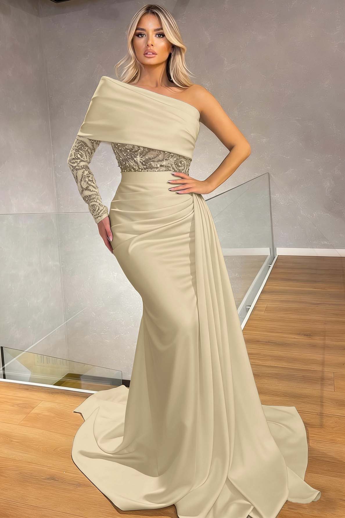 Sexy One Shoulder Long Sleeve Mermaid Evening Dress With Ruffles Sequins