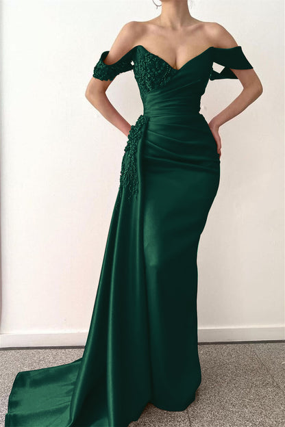 Beadings V-Neck Off-The-Shoulder Prom Dress Long With Ruffles Mermaid Red