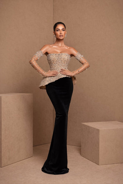 Black Sleeveless Strapless Mermaid Satin Beads Long Prom Dress With Gloves