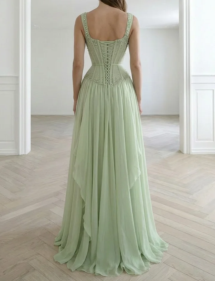 Graceful Sleeveless Wide Straps Beaded Ruffles Long Evening Dress
