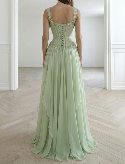 Graceful Sleeveless Wide Straps Beaded Ruffles Long Evening Dress