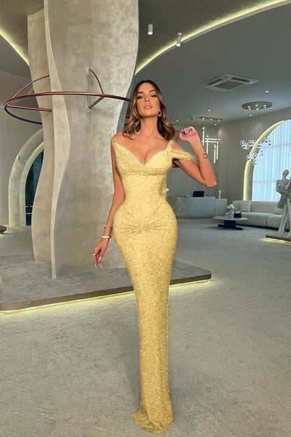 One Shoulder V-Neck Long Mermaid Prom Dress Sleeveless with Sequins