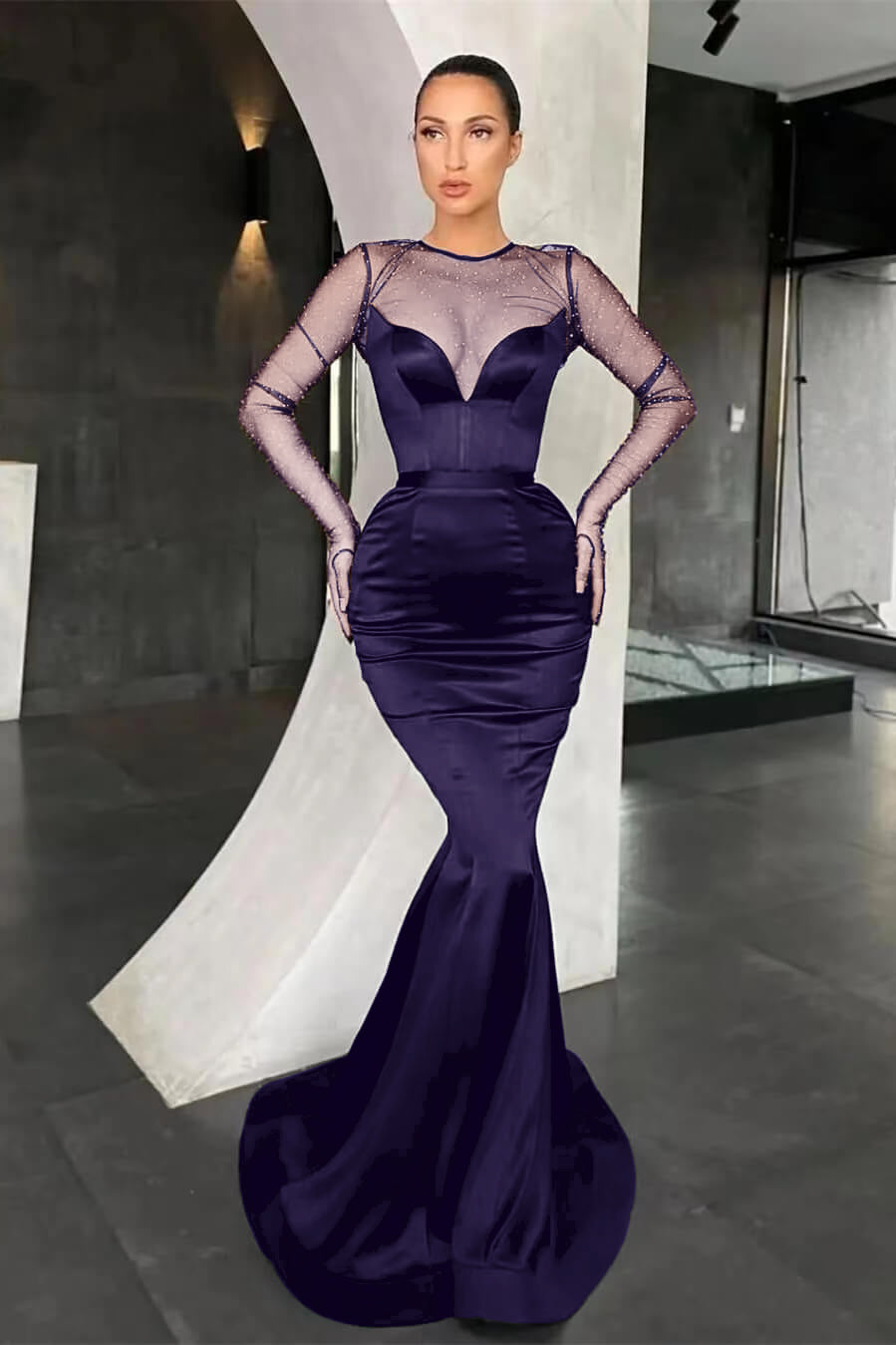 Black Mermaid Long Sleeves Prom Dress With Beads Online V-Neck