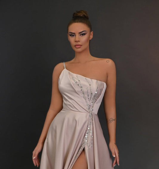 Sleeveless Halter Straps Split Prom Dress With Beads