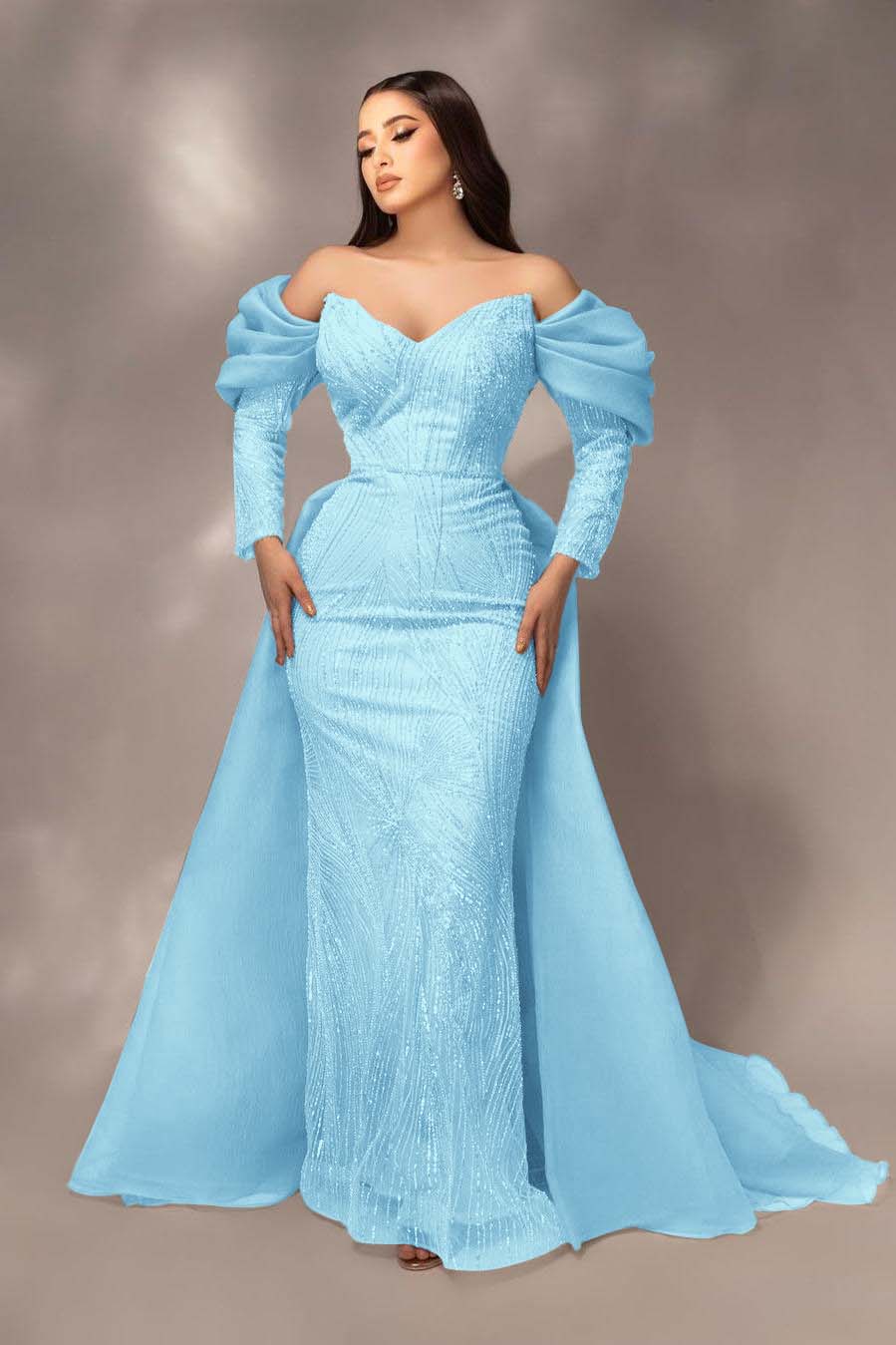 Glamorous Sequins Off the Shoulder Long Sleeves Mermaid Prom Dress with Pleated