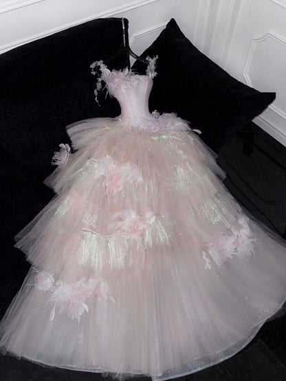 Sweet Ball Gown Spaghetti Straps Pink Tulle Applique Long Prom Dress,Formal Dress  fg8447