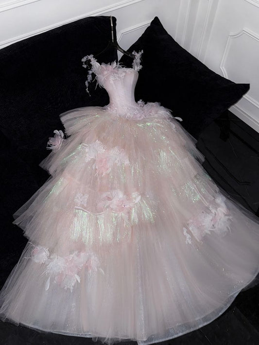 Sweet Ball Gown Spaghetti Straps Pink Tulle Applique Long Prom Dress,Formal Dress  fg8447