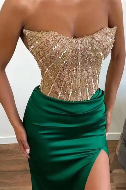 Green Applique Beadings Mermaid Prom Dress Slit With Strapless