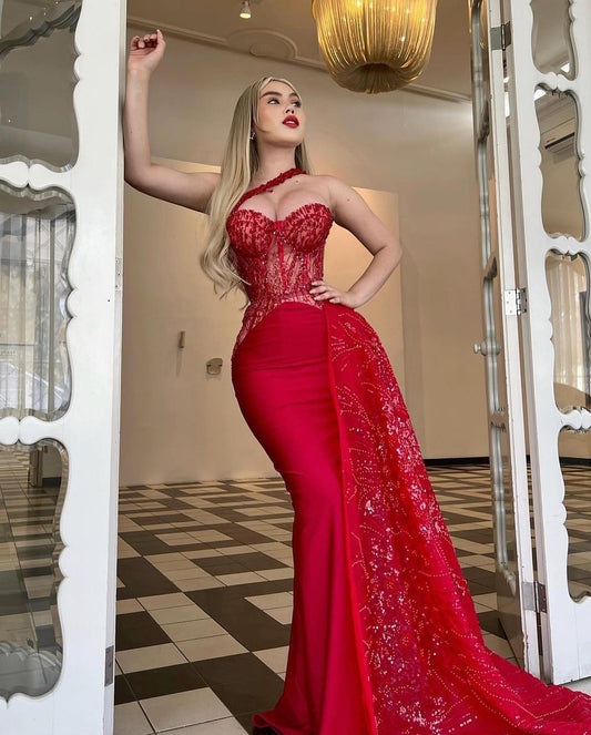 Stunning Red Sweetheart Sleeveless Mermaid Prom Dress With Ruffles