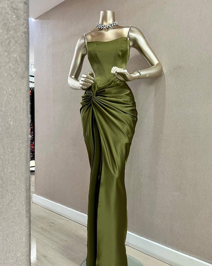 Chic Royal Blue Satin Spaghetti Strap Pleated Sleeveless Prom Dress with Split