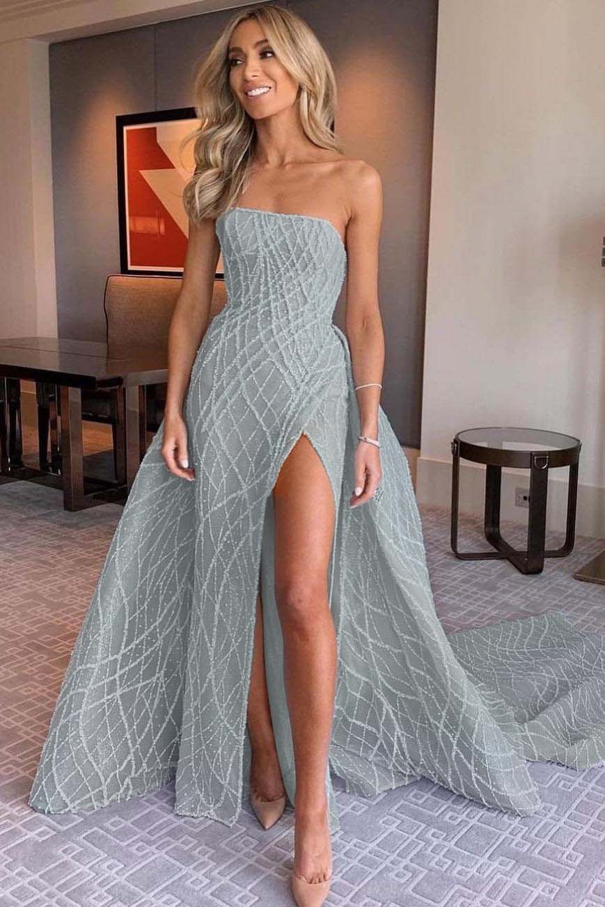 Stunning Light Blue Sleeveless Strapless Long Split Prom Dress with Embroidery