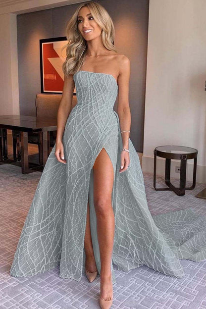 Stunning Light Blue Sleeveless Strapless Long Split Prom Dress with Embroidery