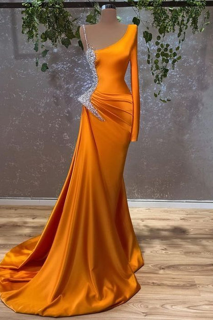 Long Sleeves Mermaid Burnt Orange Prom Dress With Beads