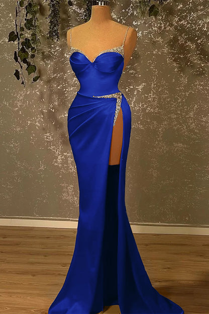 Spaghetti-Straps Beadings Burgundy Mermaid Prom Dress With Slit