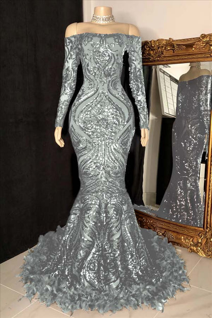 Long Sleeves Mermaid Prom Dress Sequins Burgundy With Feather