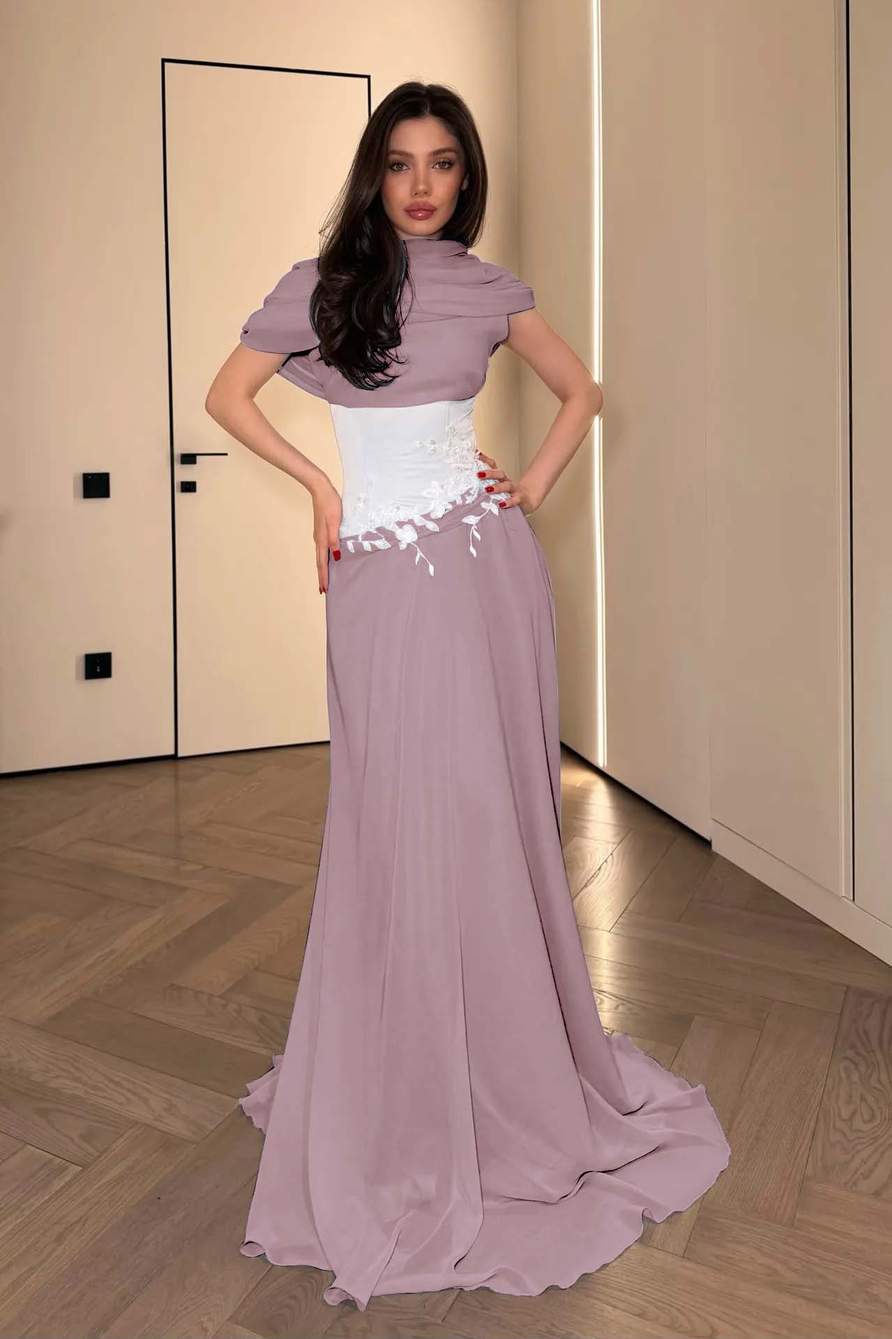 Stunning Chiffon Pleated Embroidery Evening Dress with Draped Shawl Neck
